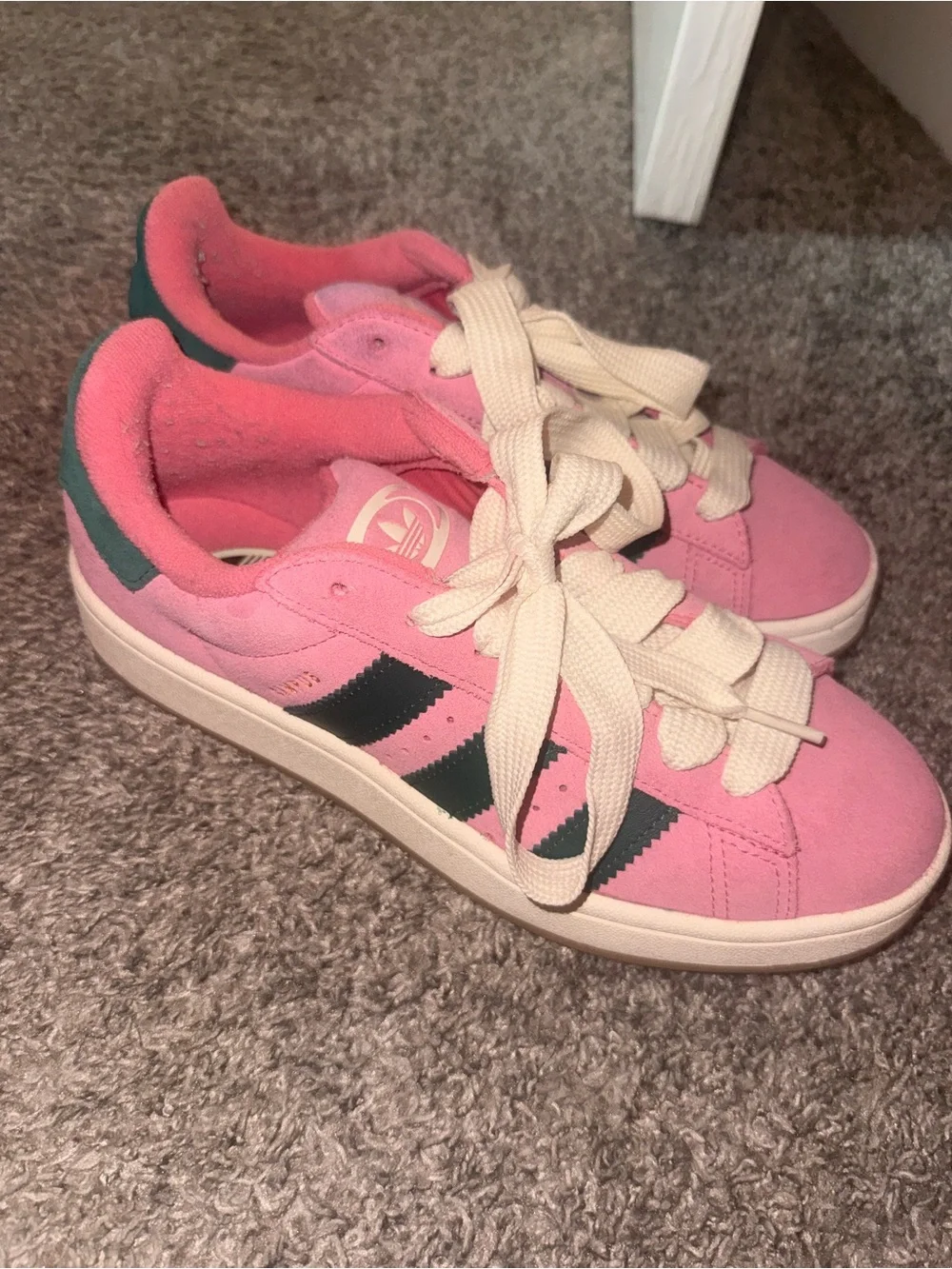 adidas Pink Suede Sneakers with Dark Green Stripes